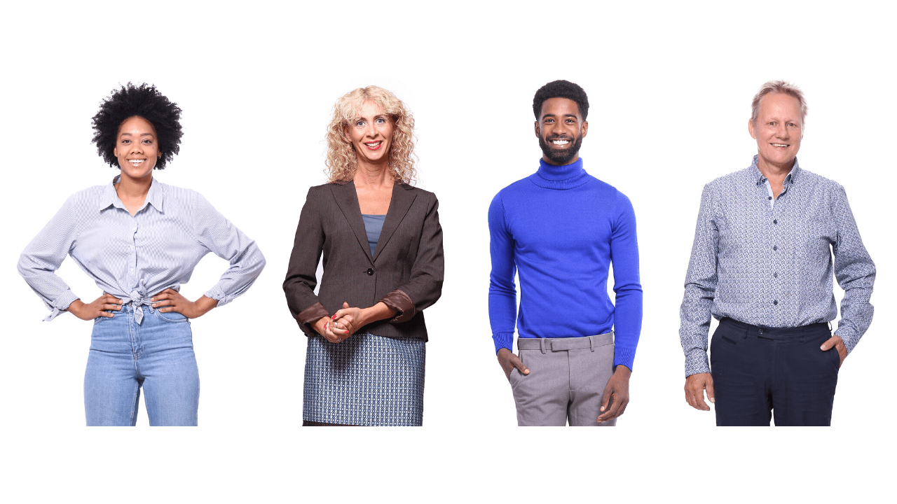 Four people stand alongside one another. One Black female with short hair, a purple blouse and jeans with her hands on her hips. A white female with blonde curly shoulder-length hair is wearing a business suit and standing with her hands together to the side. A Black male with a bright blue turtleneck and gray pants stands with his hand in his pocket. A white male with short blonde hair is wearing a blue button up shirt and slacks and has his hand in his pocket. All are smiling and looking straight ahead.