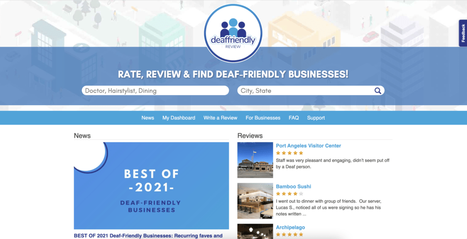 home page of deaffriendly review website in white and different shades of blue
